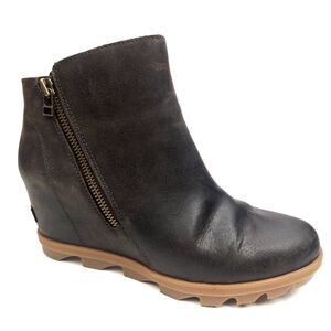 Sorel Women's Joan of Arctic Wedge II Zipper Dark Brown Leather Boots US Size 11